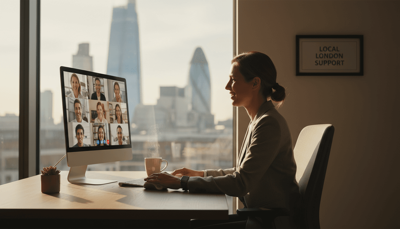 Team member providing customer support via video call in London office