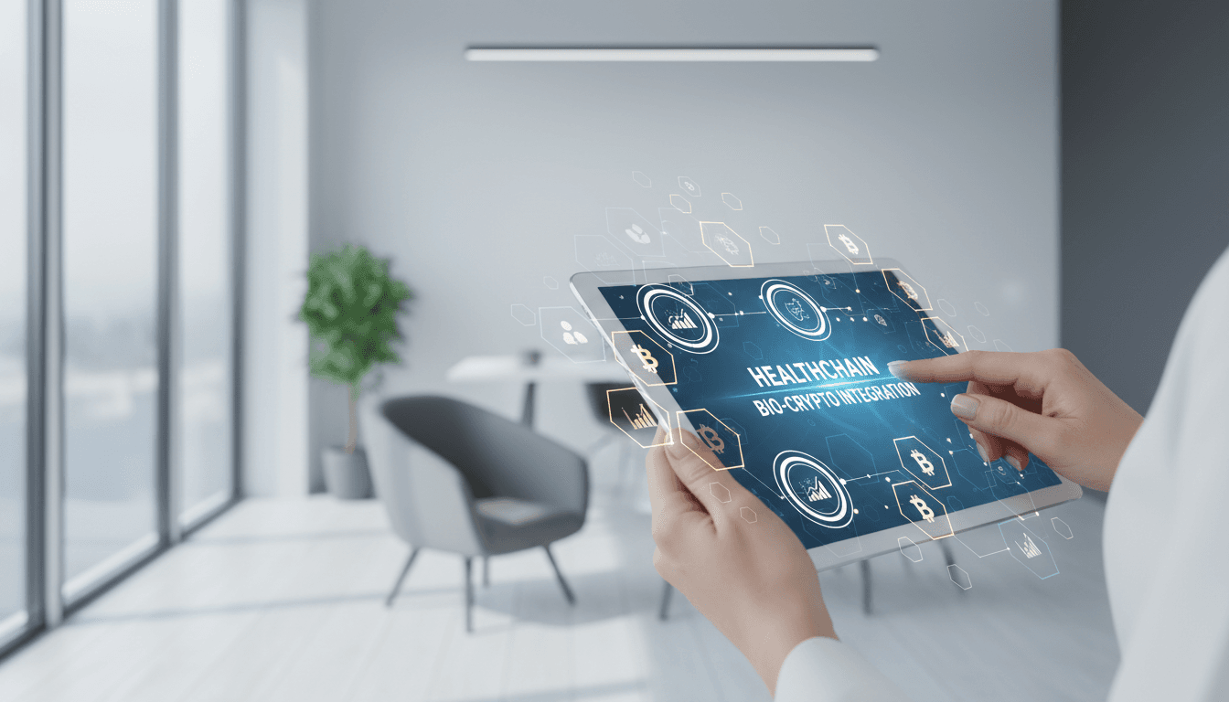 Professional holding tablet displaying health data and cryptocurrency integration in a modern wellness office