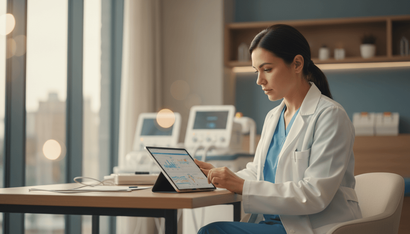 Biomedical professional reviewing health data in clinic setting