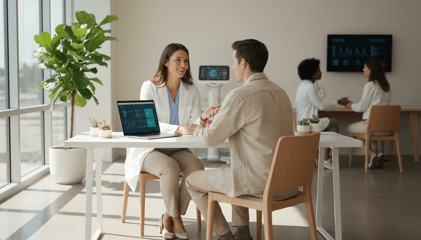 Healthcare professional in consultation with client discussing health insurance options