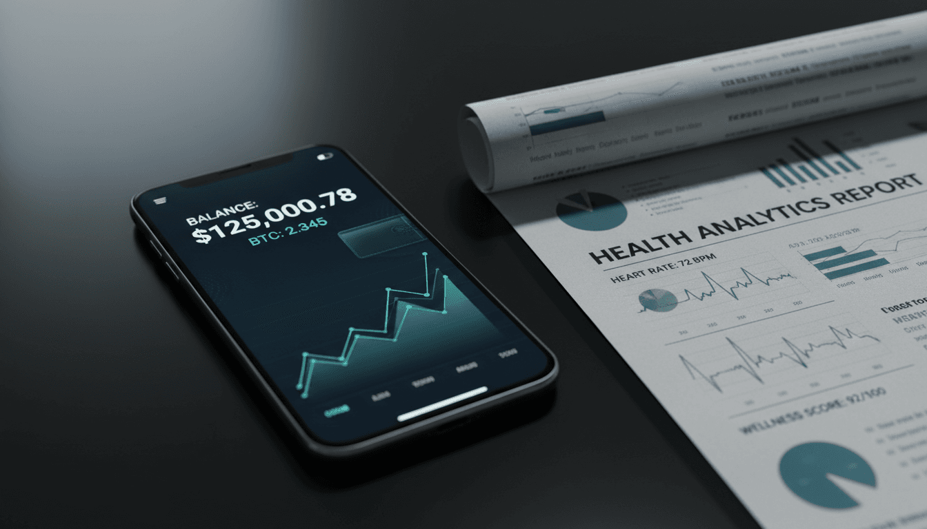 Cryptocurrency wallet and health insurance data showing integrated financial and biomedical solutions