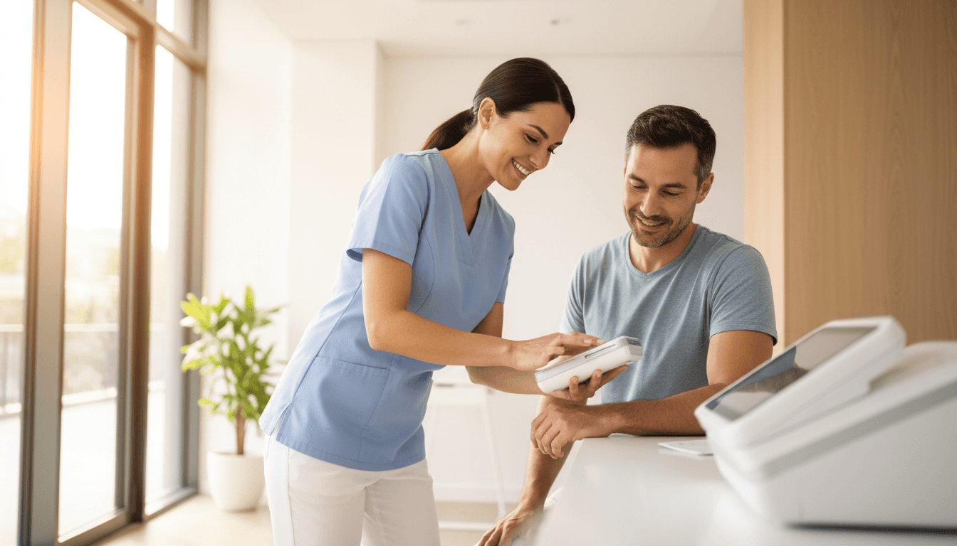 Healthcare professional performing quick biomedical assessment with portable equipment