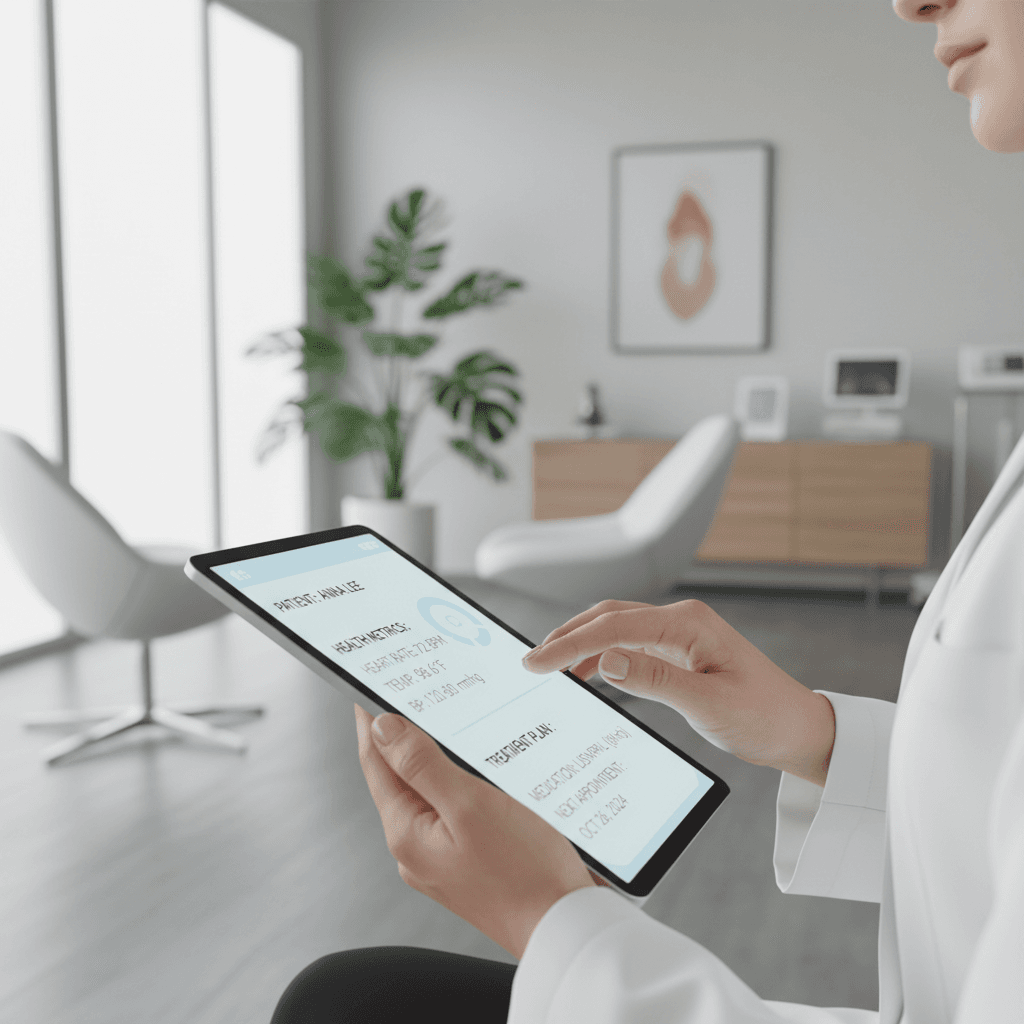 Healthcare professional reviewing patient records in modern London clinic