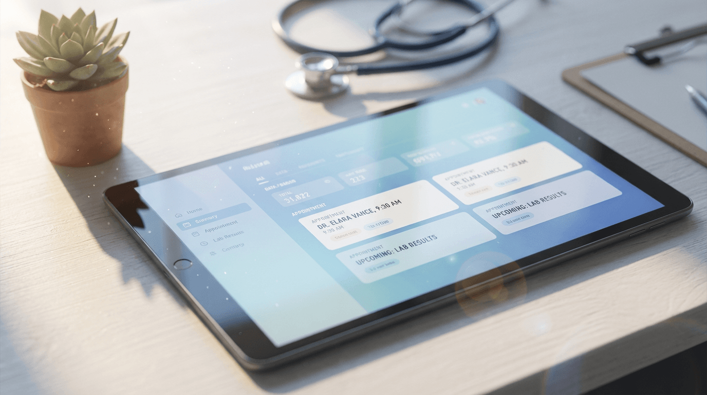 Healthcare professional reviewing digital health data in a modern clinical setting with natural light