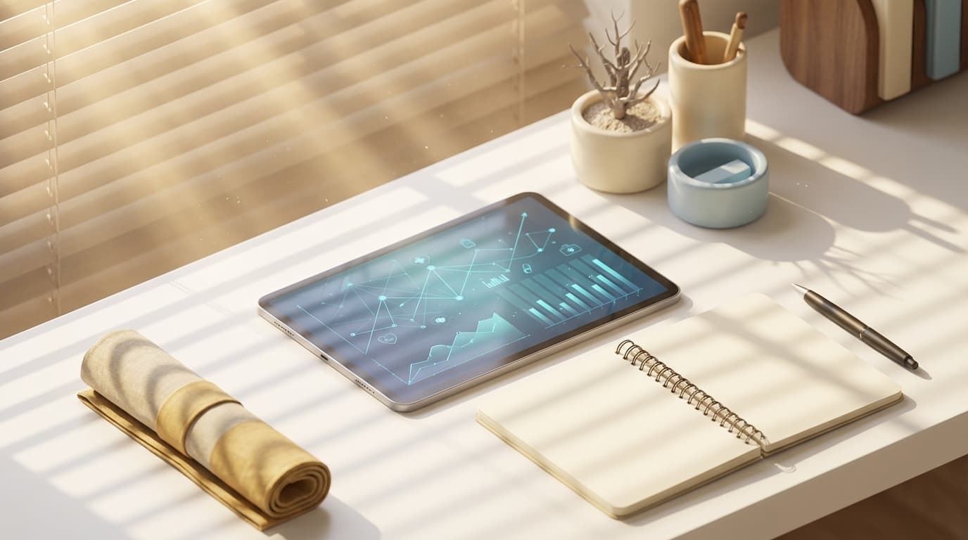 Health professional reviewing biomedical data on tablet in modern London office with natural light