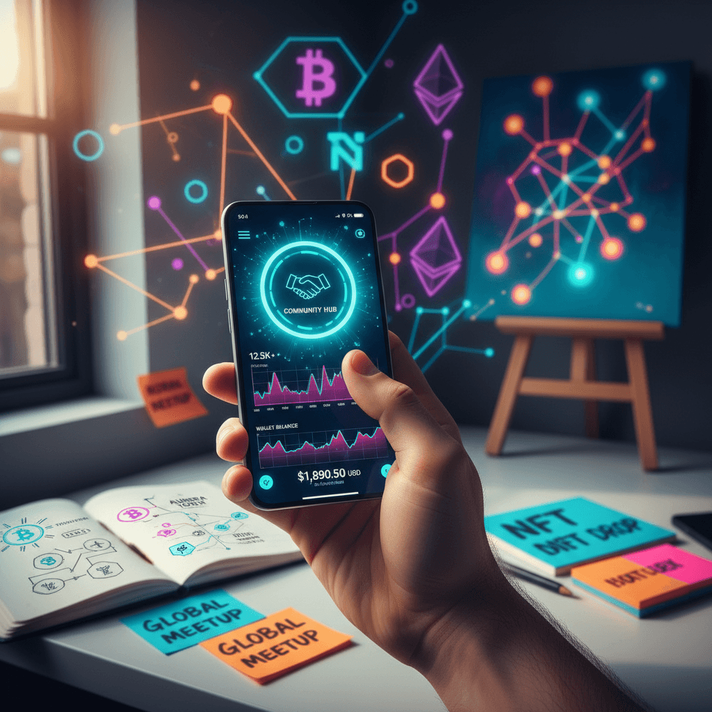 Hands holding smartphone showing integrated health insurance and cryptocurrency wallet dashboard